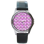 Purple plaid pattern Round Metal Watch