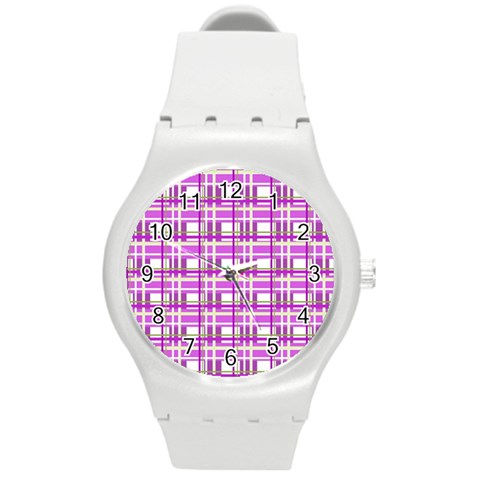 Purple plaid pattern Round Plastic Sport Watch (M) from ArtsNow.com Front