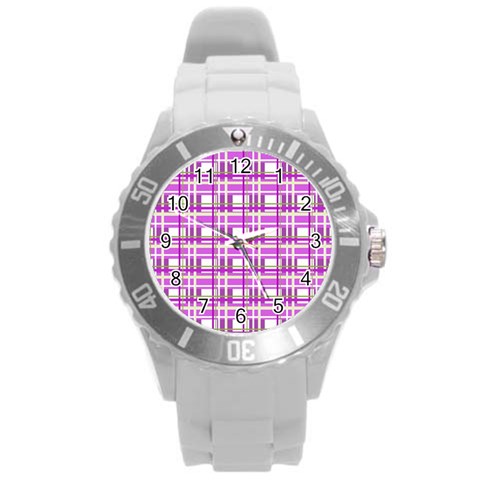 Purple plaid pattern Round Plastic Sport Watch (L) from ArtsNow.com Front