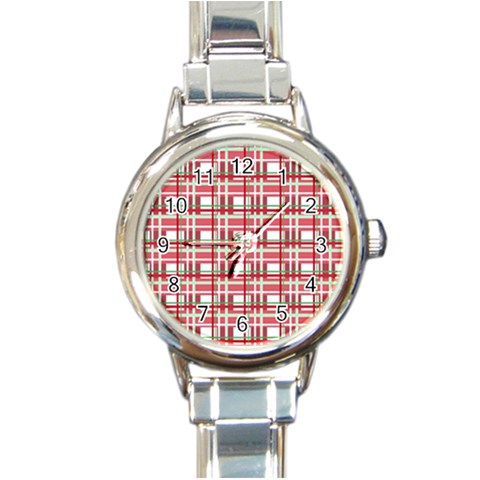Red plaid pattern Round Italian Charm Watch from ArtsNow.com Front