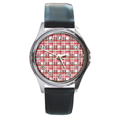 Red plaid pattern Round Metal Watch from ArtsNow.com Front