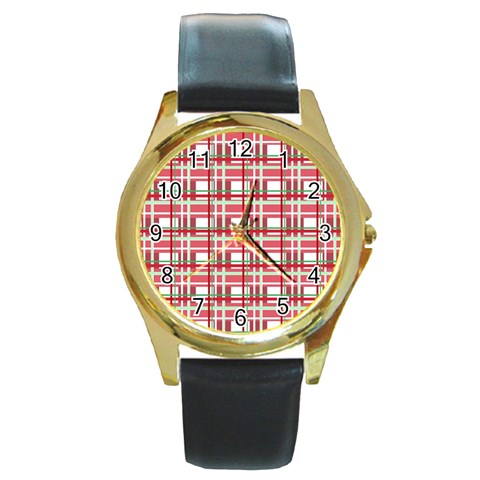Red plaid pattern Round Gold Metal Watch from ArtsNow.com Front