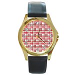 Red plaid pattern Round Gold Metal Watch