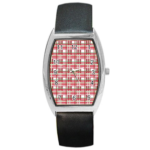 Red plaid pattern Barrel Style Metal Watch from ArtsNow.com Front