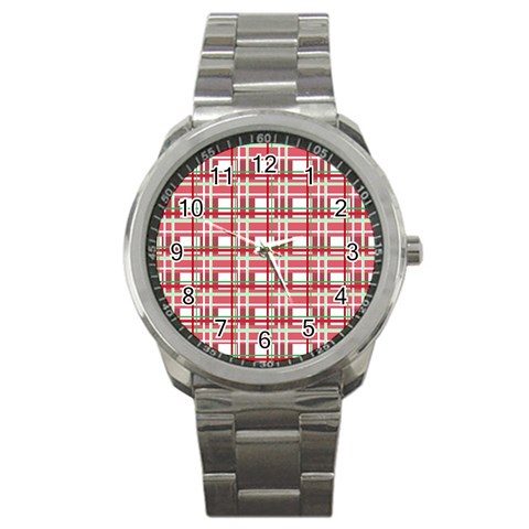 Red plaid pattern Sport Metal Watch from ArtsNow.com Front