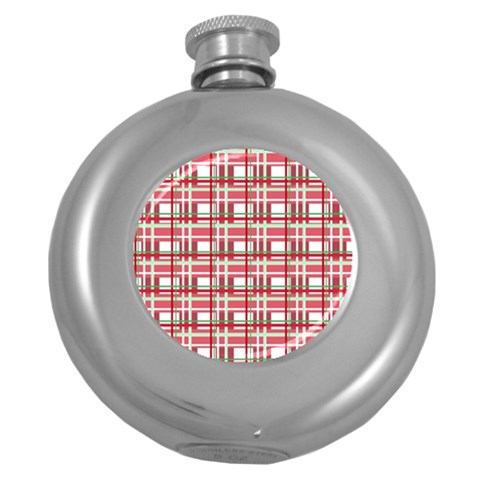 Red plaid pattern Round Hip Flask (5 oz) from ArtsNow.com Front