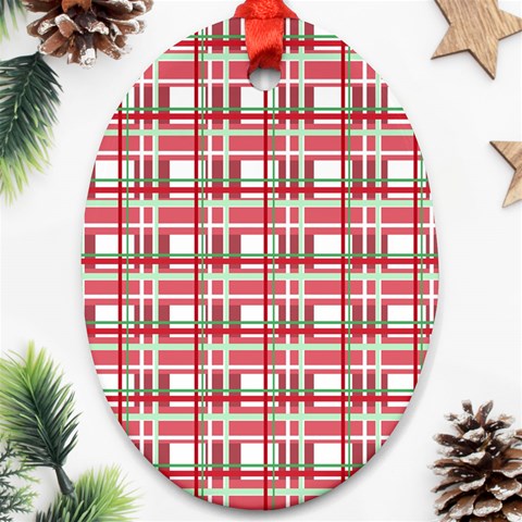 Red plaid pattern Oval Ornament (Two Sides) from ArtsNow.com Front
