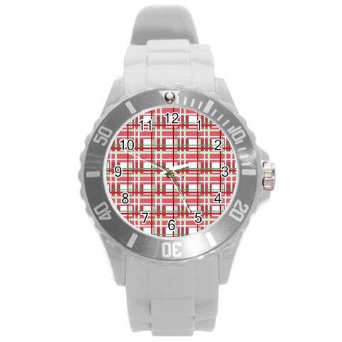 Red plaid pattern Round Plastic Sport Watch (L) from ArtsNow.com Front