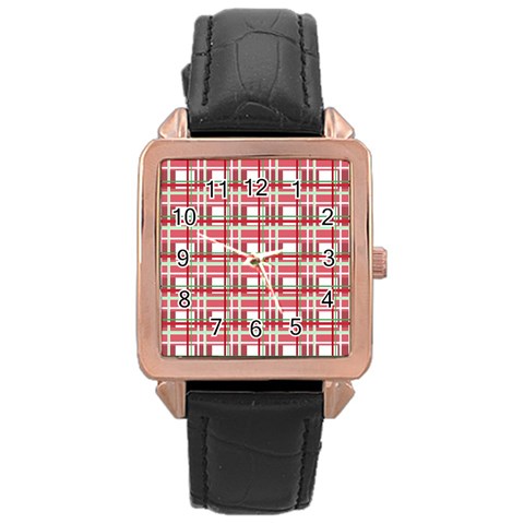 Red plaid pattern Rose Gold Leather Watch  from ArtsNow.com Front