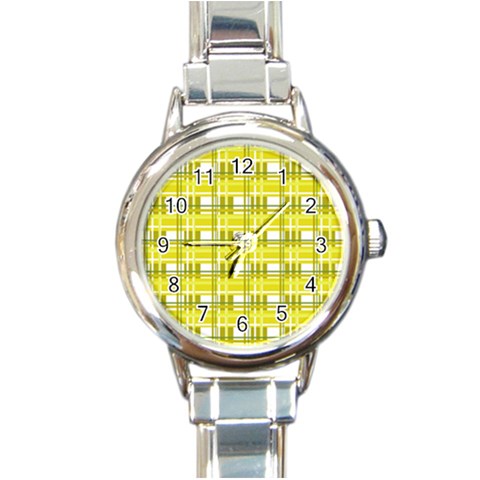 Yellow plaid pattern Round Italian Charm Watch from ArtsNow.com Front