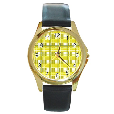 Yellow plaid pattern Round Gold Metal Watch from ArtsNow.com Front
