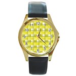 Yellow plaid pattern Round Gold Metal Watch