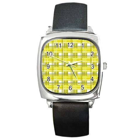 Yellow plaid pattern Square Metal Watch from ArtsNow.com Front