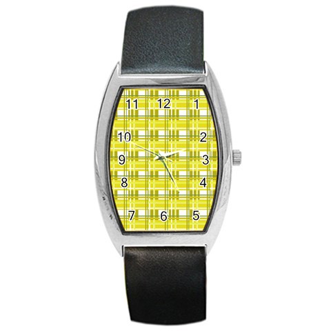Yellow plaid pattern Barrel Style Metal Watch from ArtsNow.com Front