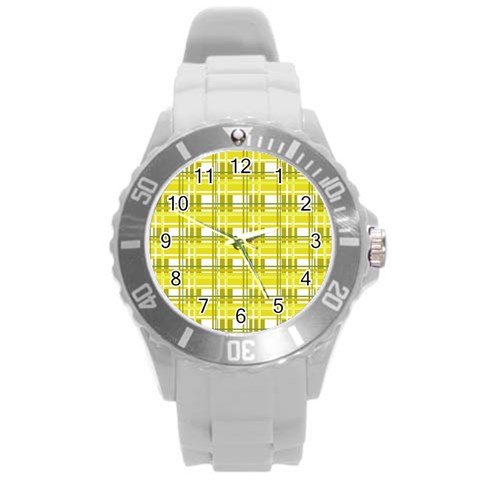 Yellow plaid pattern Round Plastic Sport Watch (L) from ArtsNow.com Front