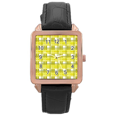 Yellow plaid pattern Rose Gold Leather Watch  from ArtsNow.com Front