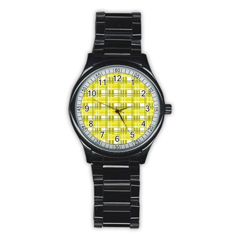 Yellow plaid pattern Stainless Steel Round Watch from ArtsNow.com Front