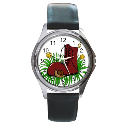 Boot in the grass Round Metal Watch from ArtsNow.com Front