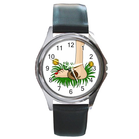 Barefoot in the grass Round Metal Watch from ArtsNow.com Front