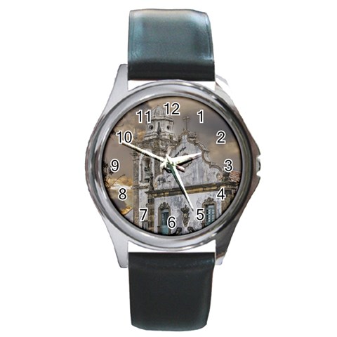 Exterior Facade Antique Colonial Church Olinda Brazil Round Metal Watch from ArtsNow.com Front