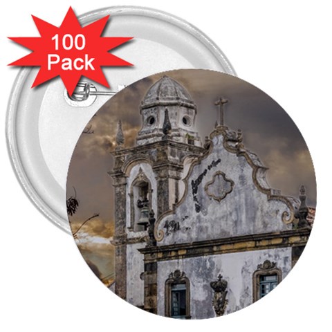 Exterior Facade Antique Colonial Church Olinda Brazil 3  Buttons (100 pack)  from ArtsNow.com Front