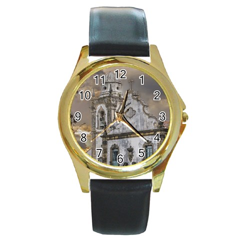 Exterior Facade Antique Colonial Church Olinda Brazil Round Gold Metal Watch from ArtsNow.com Front