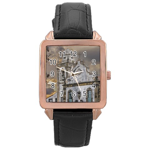 Exterior Facade Antique Colonial Church Olinda Brazil Rose Gold Leather Watch  from ArtsNow.com Front