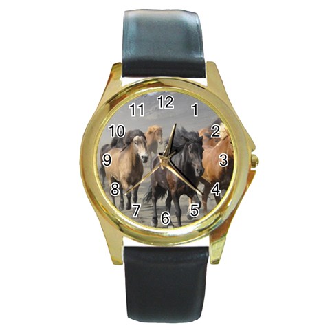 Running Horses Round Gold Metal Watch from ArtsNow.com Front