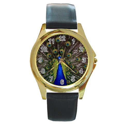 Peacock Round Gold Metal Watch from ArtsNow.com Front