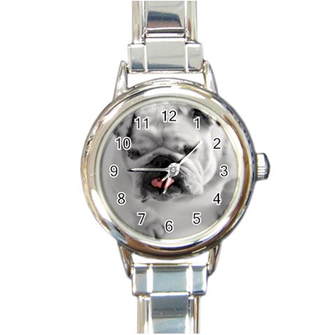 white bulldog Round Italian Charm Watch from ArtsNow.com Front
