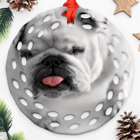 White Bulldog Round Filigree Ornament (Two Sides) from ArtsNow.com Front