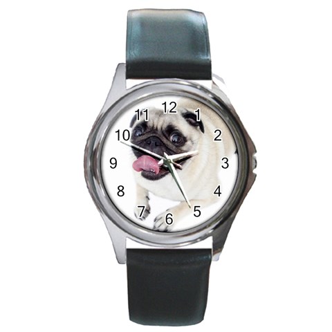 Pug Dog Round Metal Watch from ArtsNow.com Front
