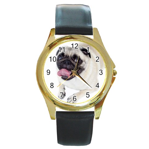 Pug Dog Round Gold Metal Watch from ArtsNow.com Front