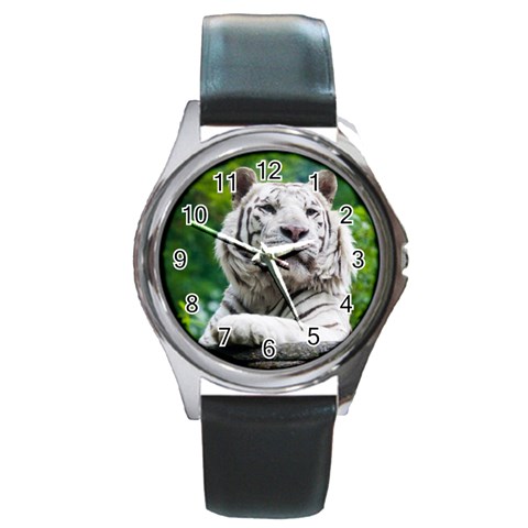 white tiger Round Metal Watch from ArtsNow.com Front