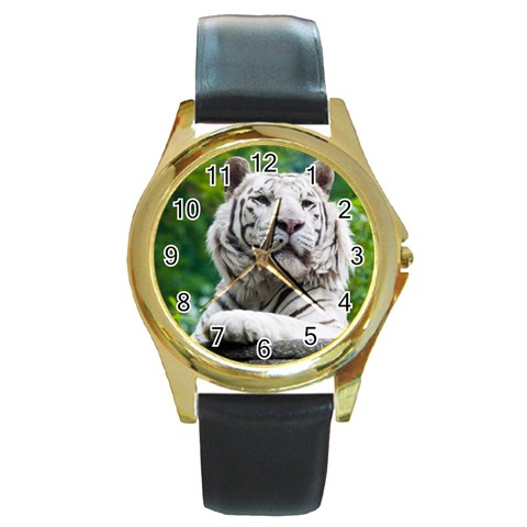 White Tiger Round Gold Metal Watch from ArtsNow.com Front