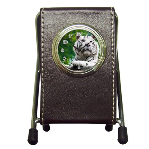 White Tiger Pen Holder Desk Clock from ArtsNow.com Front