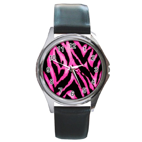 Pink Tiger Stripe Round Metal Watch from ArtsNow.com Front