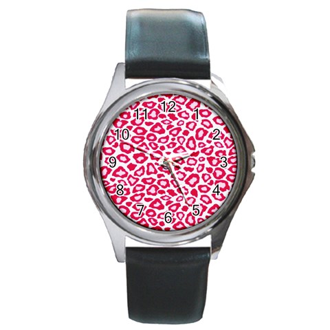Pink Leapard Print 2 Round Metal Watch from ArtsNow.com Front