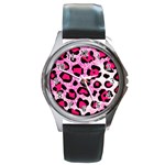 Pink Leopard Print 3 Round Metal Watch