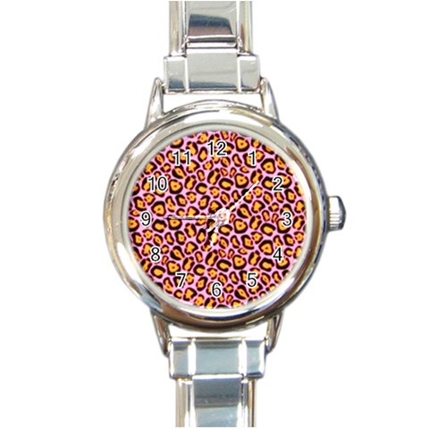 Pink Leopard Print Round Italian Charm Watch from ArtsNow.com Front