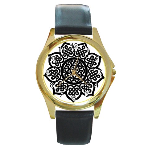 Celtic Mandala B&W Round Gold Metal Watch from ArtsNow.com Front