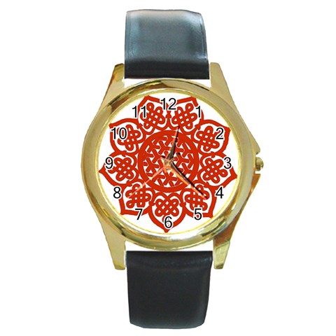 Celtic Mandala_red Round Gold Metal Watch from ArtsNow.com Front