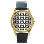 Black white Greek Key Round Gold Metal Watch