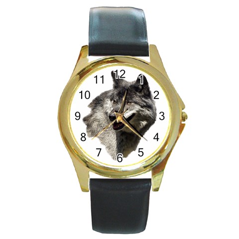 Wolf Head  Round Gold Metal Watch from ArtsNow.com Front