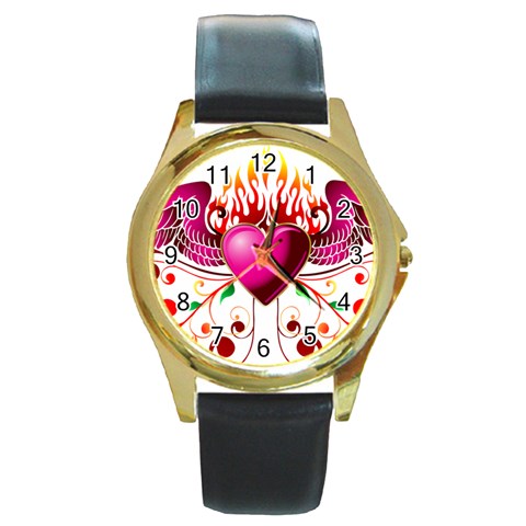 heart005 Round Gold Metal Watch from ArtsNow.com Front