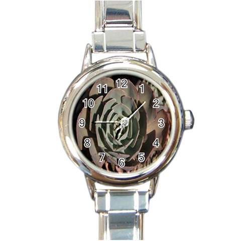 Succulent Green Pink Rosettes Round Italian Charm Watch from ArtsNow.com Front