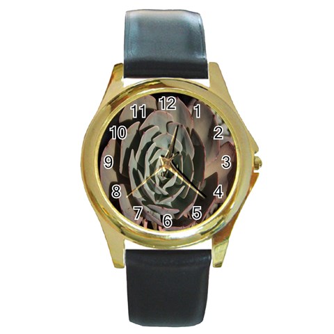 Succulent Green Pink Rosettes Round Gold Metal Watch from ArtsNow.com Front