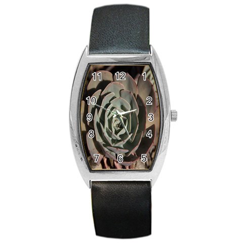 Succulent Green Pink Rosettes Barrel Style Metal Watch from ArtsNow.com Front