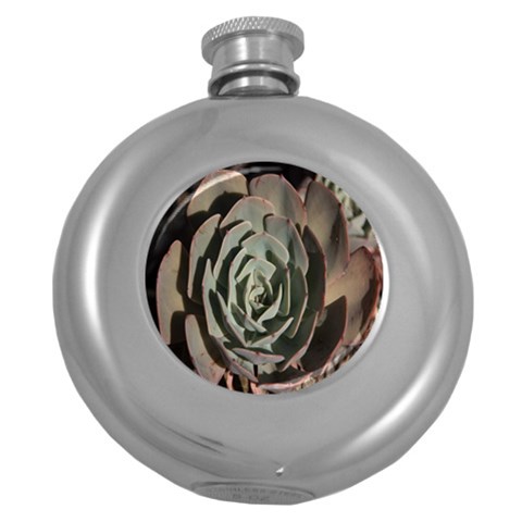 Succulent Green Pink Rosettes Round Hip Flask (5 oz) from ArtsNow.com Front
