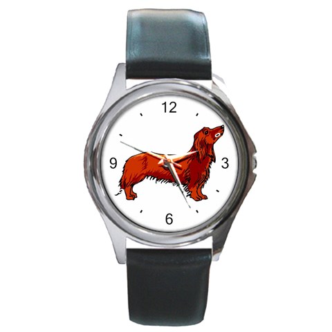 long haired daschund Round Metal Watch from ArtsNow.com Front